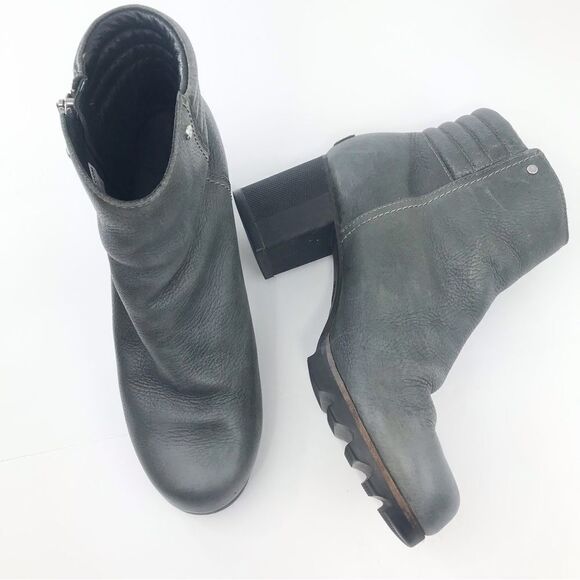 Sorel DANICA Gray Leather Zip Side Block Heel Chunky Moto Style Ankle Boots - Picture 4 of 16